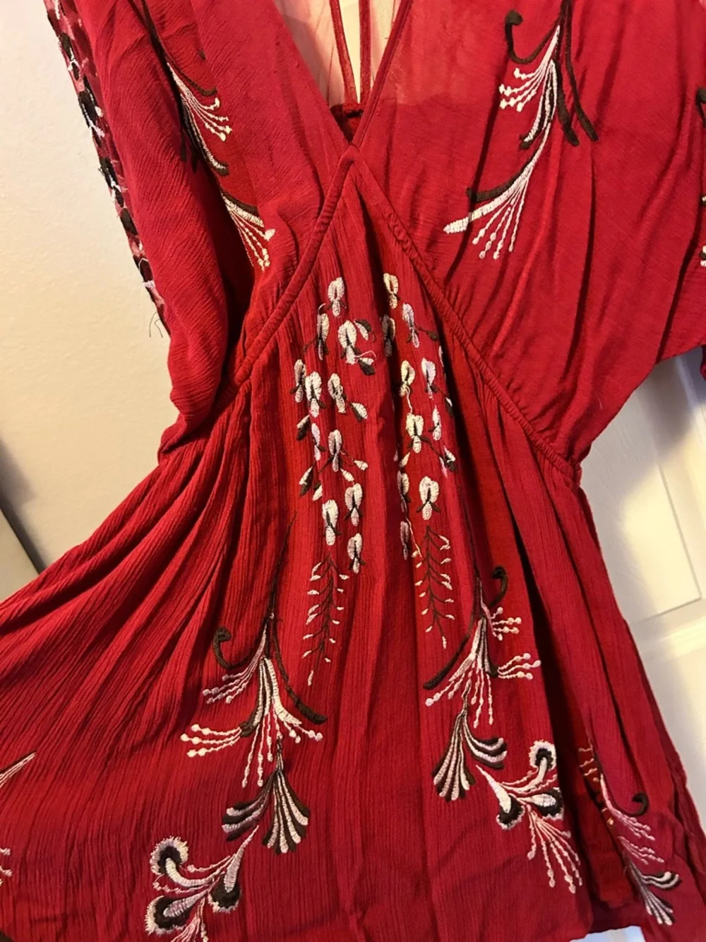 Free People Burgundy Red Embroidered Mesh Sleeve Mini Dress - Picture 7 of 13